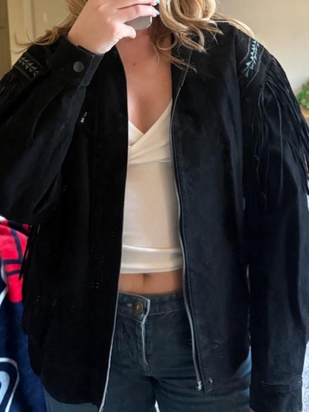 Black Fringe Suede Bomber Jacket - Women's